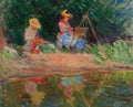 Blanche Monet peignant avec sa soeur Suzanne au bord de l'eau by Claude Monet