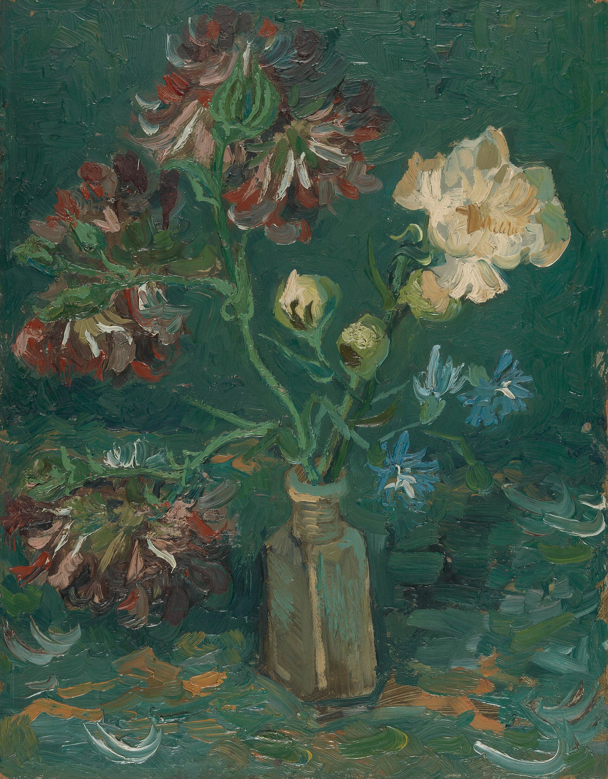 Small Bottle with Peonies and Blue Delphiniums by Vincent van Gogh