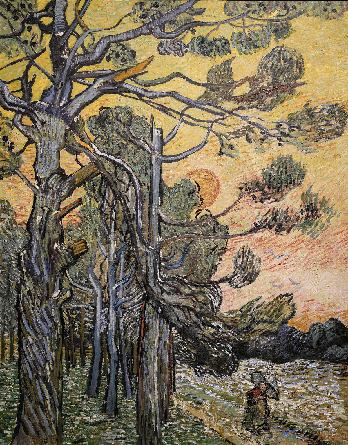 Pine Trees against a Red Sky with Setting Sun by Vincent van Gogh