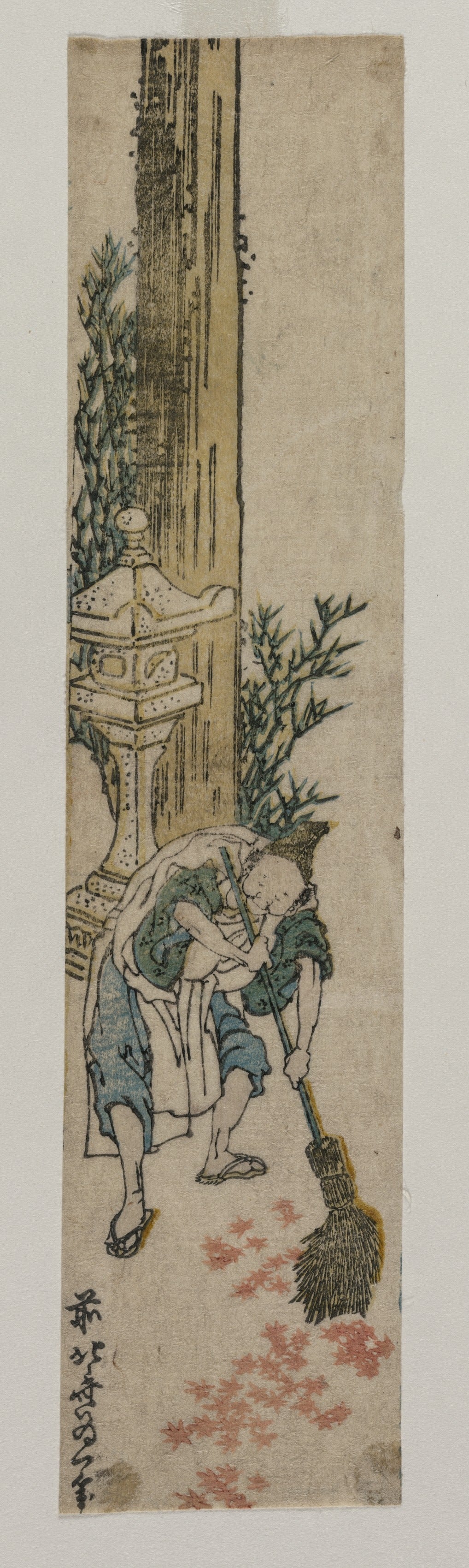 Shrine Attendant Raking Maple Leaves by Katsushika Hokusai
