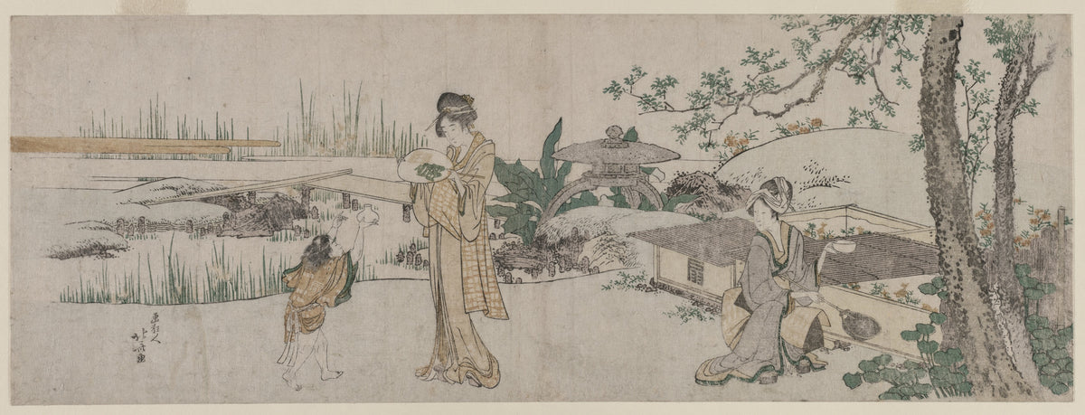 Two Women and a Child Beside a Goldfish Tank by Katsushika Hokusai