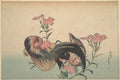 Cock, Hen, and Nadeshiko (Dianthus Superbus) by Katsushika Hokusai