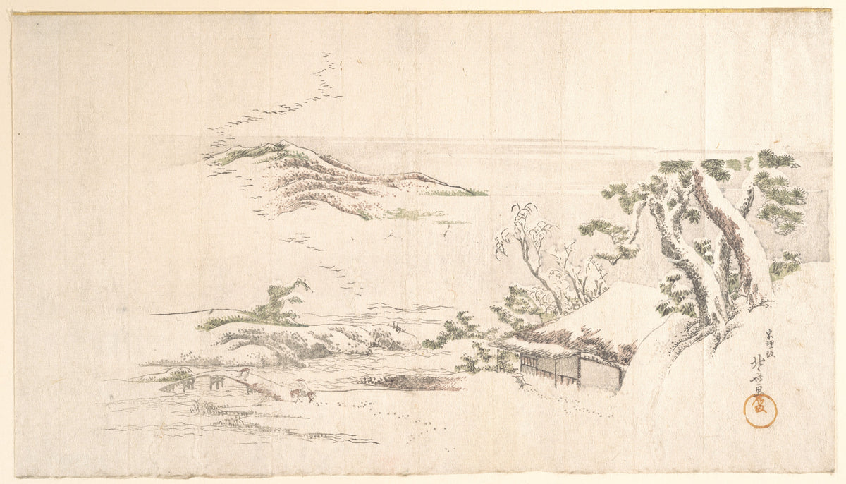 A Snow–clad Landscape with Gray Clouds by Katsushika Hokusai