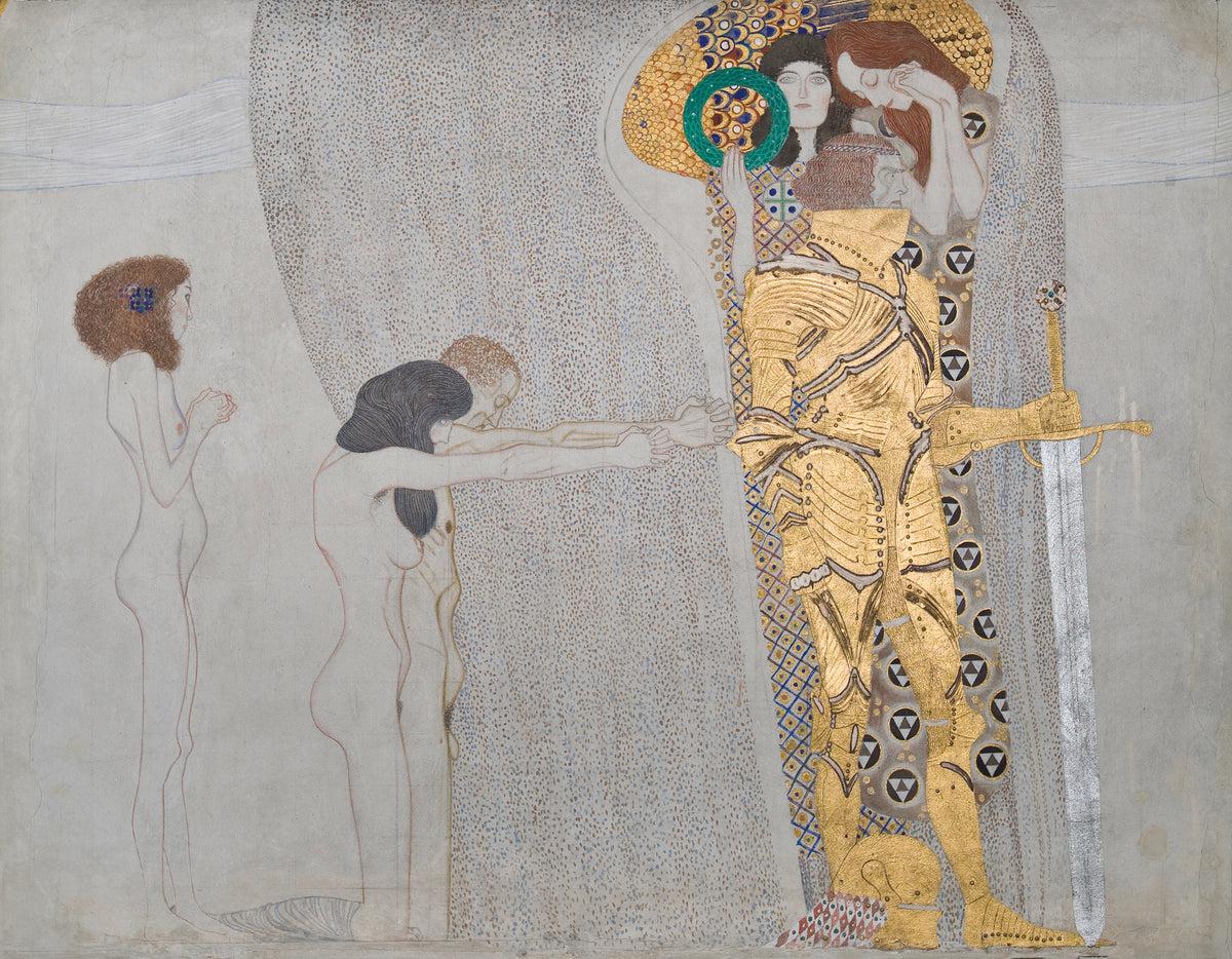 Beethoven Frieze: "The Sufferings of Weak Humanity" and "The Well-Armed Strongman" (Panel 3, left side wall) by Gustav Klimt