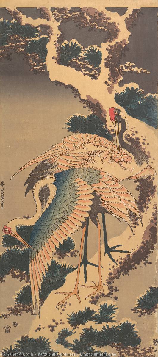 Cranes on snow-covered pine by Katsushika Hokusai