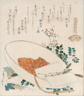 Freshly-Picked Flowers in a Traveler’s Hat, illustration for "The Thousand-grasses Shell," from the series A Matching Game with Genroku-period Poem Shells (Genroku kasen kai awase) by Katsushika Hokusai
