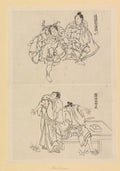 Twee toneelscènes, een met twee samoerai en een met twee figuren bij een tafel by Katsushika Hokusai