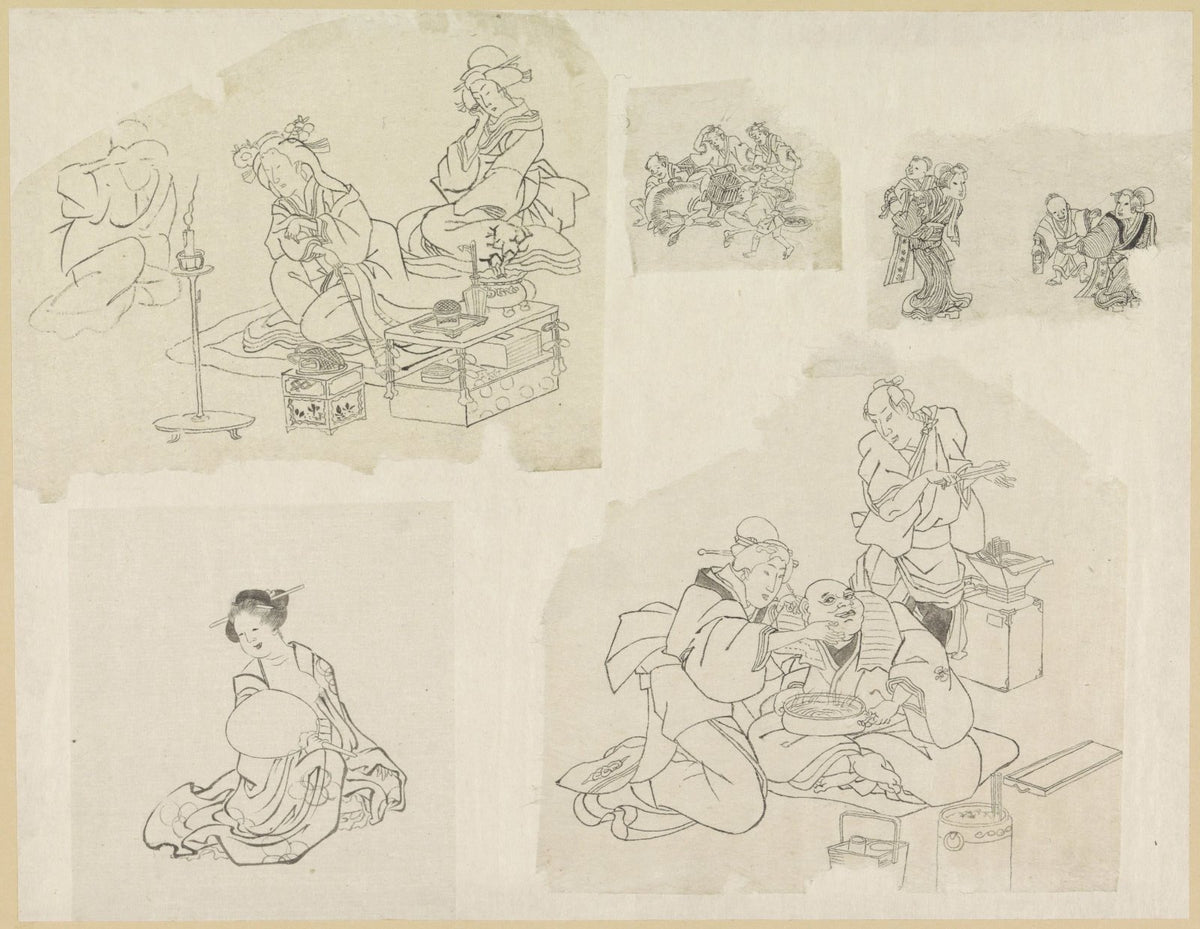 Vijf voorstellingen van mensen in verschillende situaties by Katsushika Hokusai