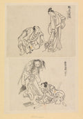 Twee toneelscènes, een met een man en een vrouw en een met een man en een vossenvrouw by Katsushika Hokusai